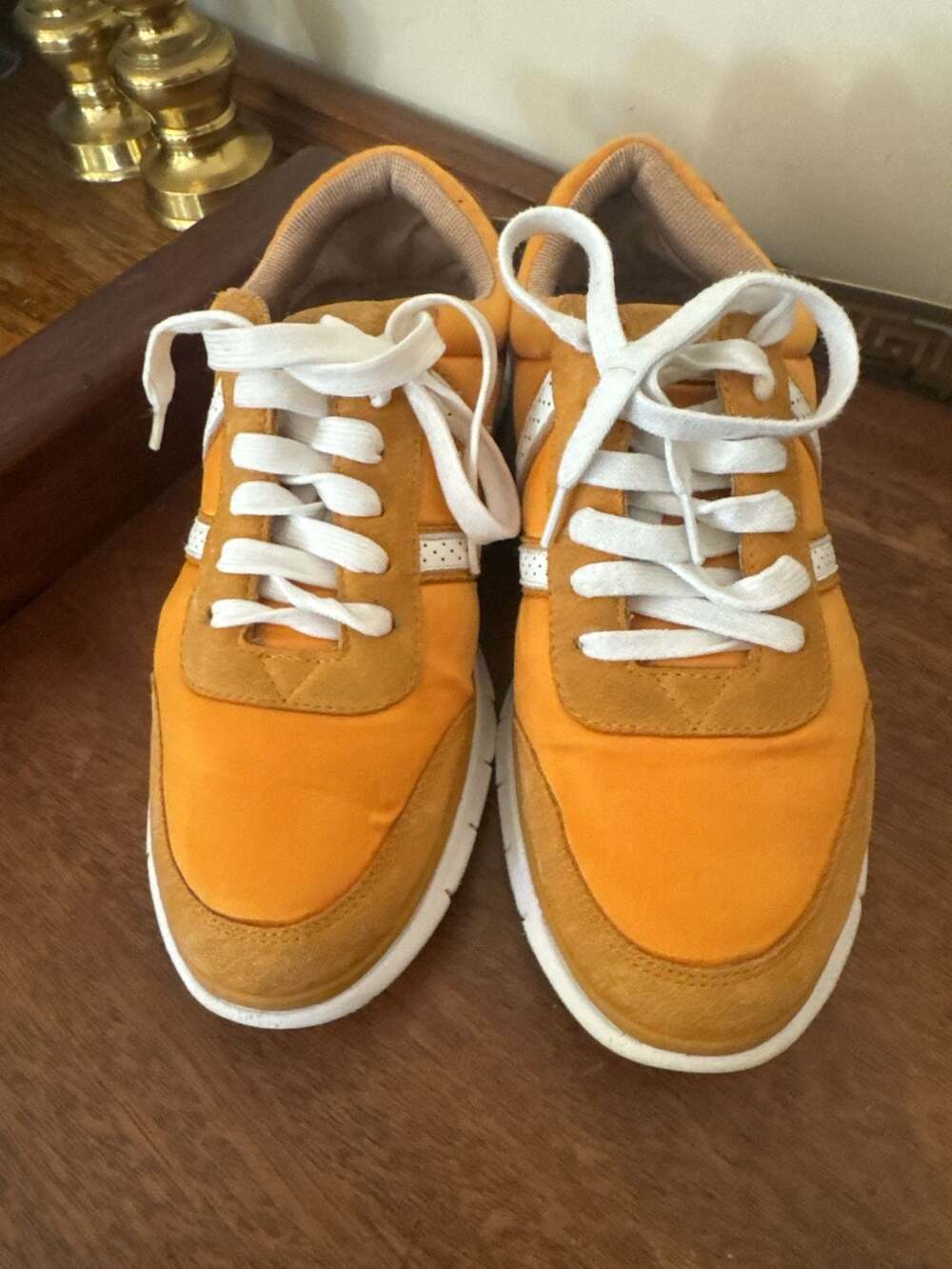 Vionic Nana Mustard Yellow Satin Walking Sneakers
